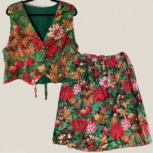 Vintage 90s Handmade Squirrel Poinsettia Gingerbread Man Christmas Skirt Set OS